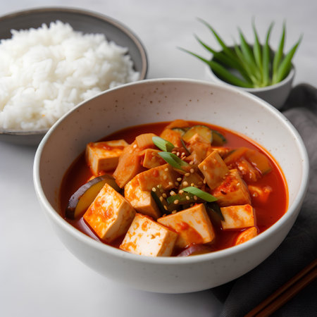 Tofu in tomato sauce with sesame seeds and rice.の素材