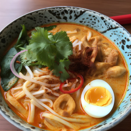 Tom yum kung, Thai spicy noodle soup with eggの素材