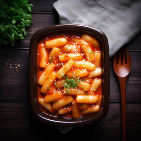 Penne pasta with tomato sauce in bowl on wooden table. Top viewの素材