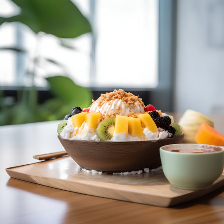 Mixed fruit salad with ice cream in a wooden bowl on the tableの素材