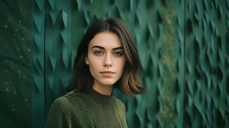 Portrait of a beautiful young woman in a green sweater on a green backgroundの素材