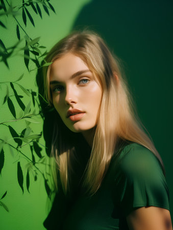 Portrait of a beautiful young blonde woman in a green dress.の素材