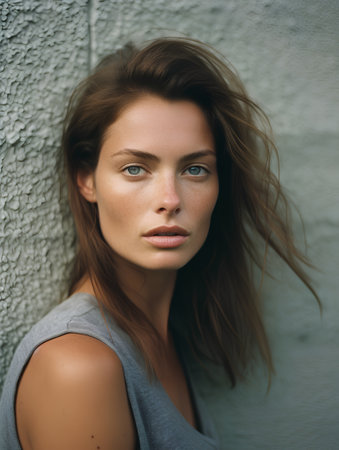 Portrait of a beautiful young woman with blue eyes and long hairの素材