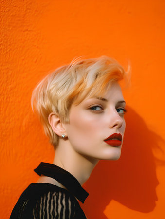 Portrait of a beautiful blonde girl with short hair on an orange backgroundの素材