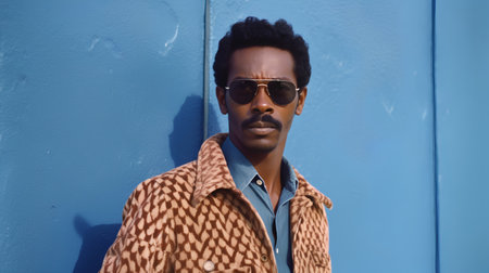 Portrait of a handsome african american man wearing sunglasses against blue wallの素材