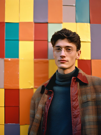 Handsome young man in a coat and glasses against the background of a colorful wallの素材