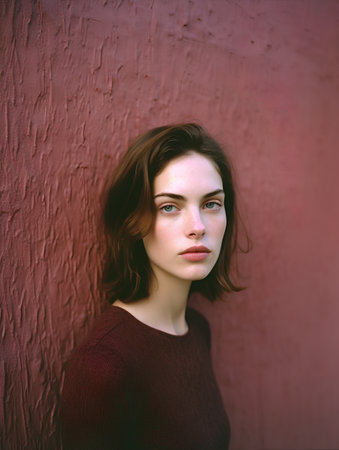Portrait of a beautiful young woman in a red sweater against a red wallの素材
