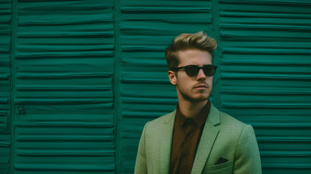Handsome young man with blond hair in a stylish jacket and sunglasses on a green backgroundの素材