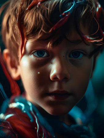 Portrait of a little boy with blood on his face. Halloween.の素材