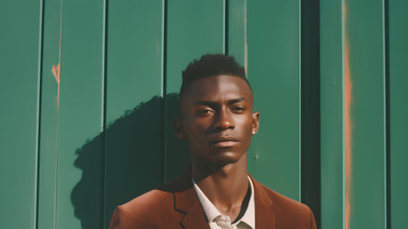 Portrait of handsome african american man in coat against green wallの素材