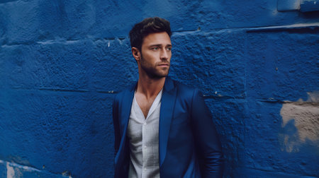 Portrait of a handsome young man in a blue suit against a blue wall. Men's beauty, fashion.の素材