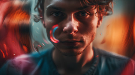 Close-up portrait of a young man on a background of colored lightsの素材
