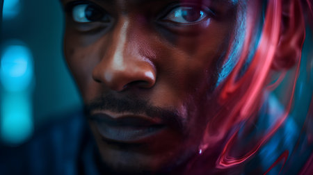 Close-up portrait of a young african american man in neon light.の素材