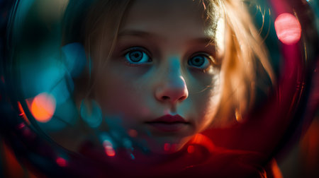 Portrait of a beautiful little girl with blue eyes in a red hoodie.の素材