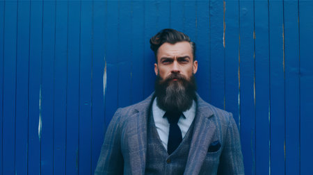 Bearded man, long beard, brutal caucasian hipster with moustache in jacket and tie on blue wooden backgroundの素材