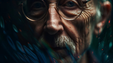 Portrait of an old man with glasses. Photo in old color image style.の素材