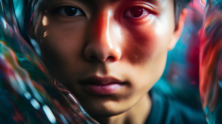 Close-up portrait of a girl's face in neon light.の素材