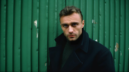 Handsome caucasian man in coat on a green backgroundの素材