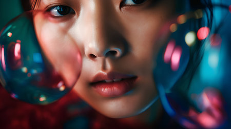 Beautiful young woman with bubble blower. Close-up portraitの素材