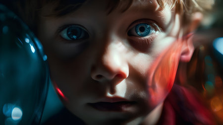 Close-up portrait of a little boy with red hair and blue eyesの素材