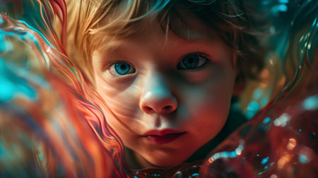 Portrait of a little girl with long blond hair and blue eyes.の素材