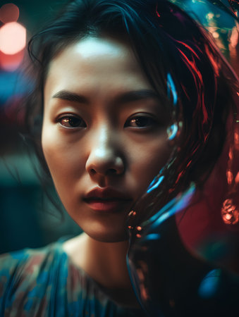 Portrait of a young beautiful Asian woman in a night city.の素材