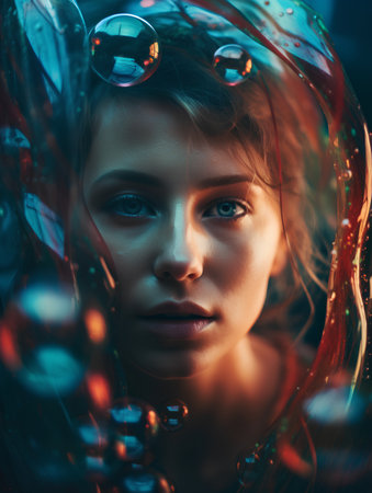 Fantasy portrait of a beautiful young woman with water drops. Beauty, fashion.の素材