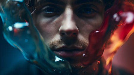 Close-up portrait of a young man in a bloody raincoat.の素材