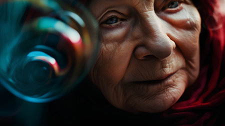 Portrait of an elderly woman with a glass of wine. Toned.の素材