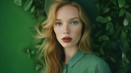 Portrait of a beautiful young woman with red lips in a green sweater and hatの素材
