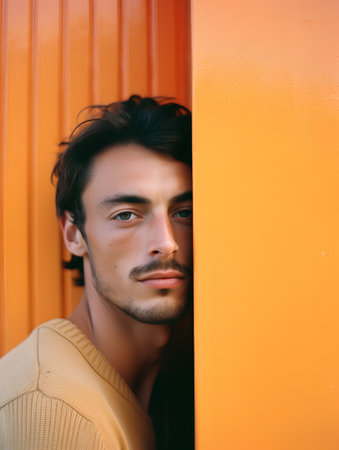 Portrait of a handsome young man in a yellow sweater against an orange wallの素材