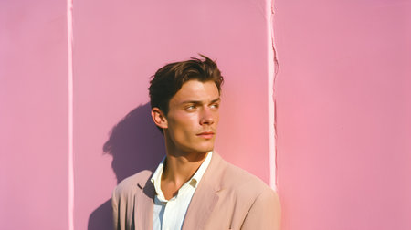 Portrait of a handsome young man with trendy hairstyle on a pink backgroundの素材