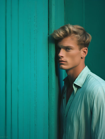 Handsome young man with blond hair in stylish shirt posing near green wooden wallの素材