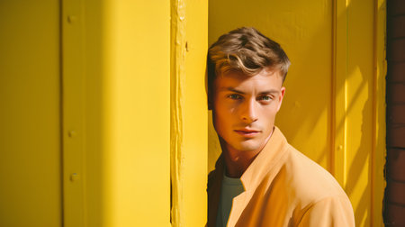 Handsome young man in yellow raincoat on yellow wall backgroundの素材