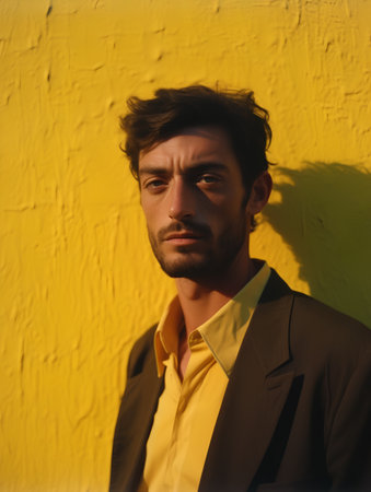 Portrait of a handsome young man in a yellow shirt and black jacketの素材