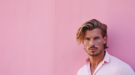 Portrait of a handsome young man with blond hair, wearing a white shirt, standing against a pink wall.の素材