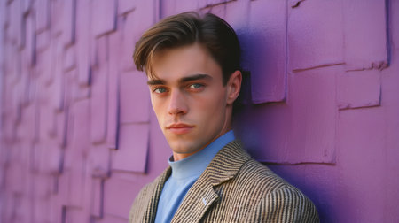 Portrait of a handsome young man in a jacket near a purple wall.の素材