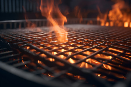 Close up of a barbeque grill with flames in a restaurantの素材