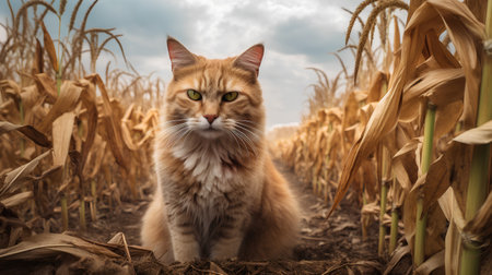 Red cat in corn field. Toned image. Selective focus.の素材