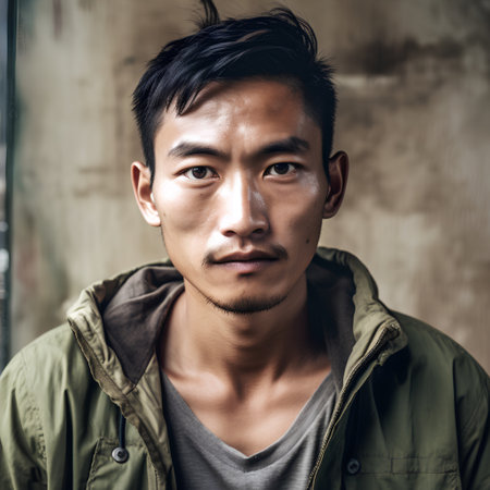 Portrait of young handsome asian man in a green jacket.の素材