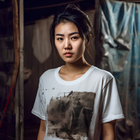 Portrait of a young asian woman in an abandoned factory.の素材
