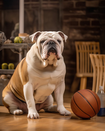 english bulldog sitting on the floor with a basketball in the backgroundの素材