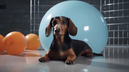 dachshund dog on a floor in a room with balloonsの素材