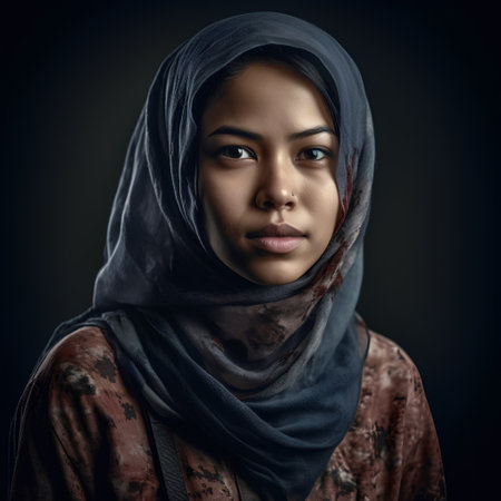 Portrait of a beautiful young muslim woman wearing hijab over dark backgroundの素材