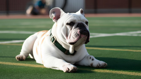 English Bulldog lying on the green turf of the football field.の素材