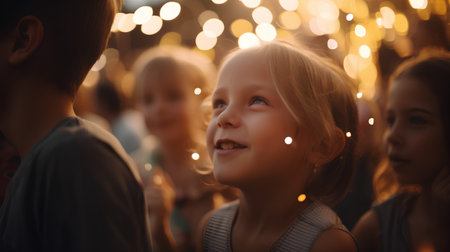 Little girl looking at the lights of the garland in the eveningの素材