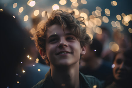 Cute boy at a concert on a background of bokehの素材