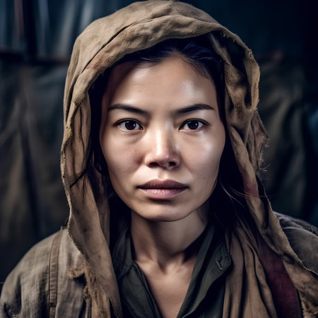 Portrait of a beautiful asian woman wearing a hooded coatの素材