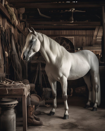 White horse in the stable, black and white photo in vintage styleの素材