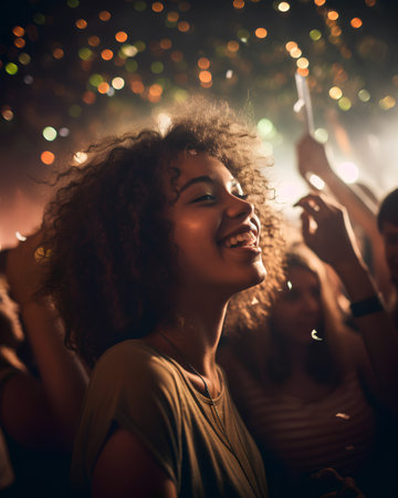 Young african american woman having fun at a music festival.の素材